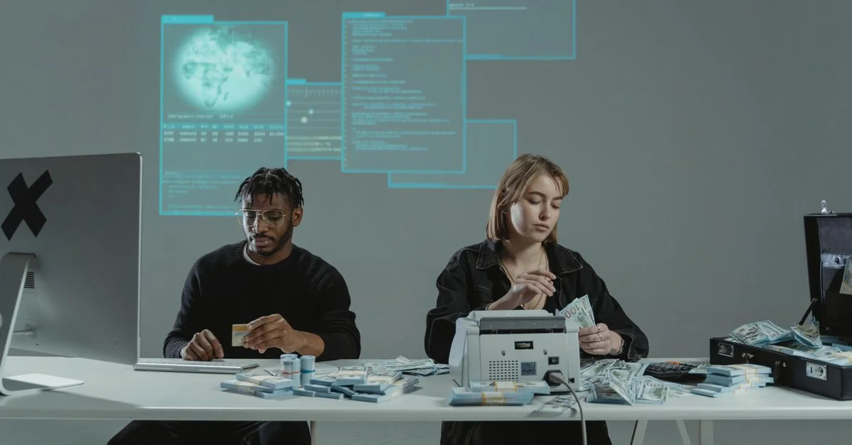 Zwei Erwachsene zählen Geld in einem Büro mit einem technologie-orientierten Hintergrund.
