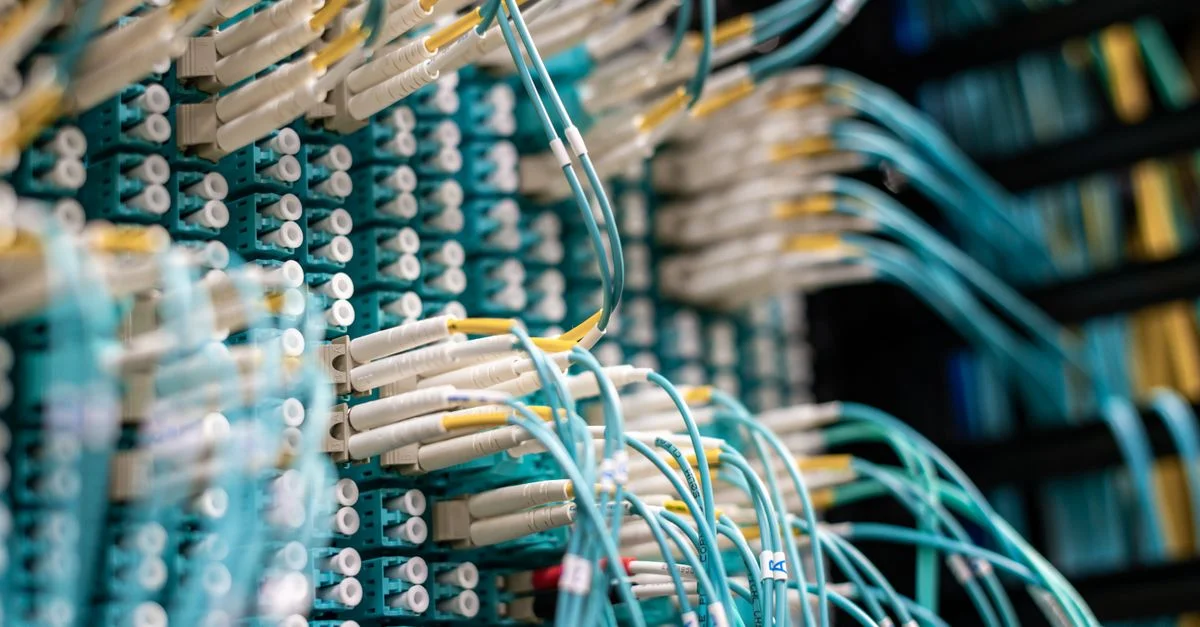 Detaillierte Ansicht von Glasfaserkabeln, die in einem Rechenzentrum an ein Patchpanel angeschlossen sind.