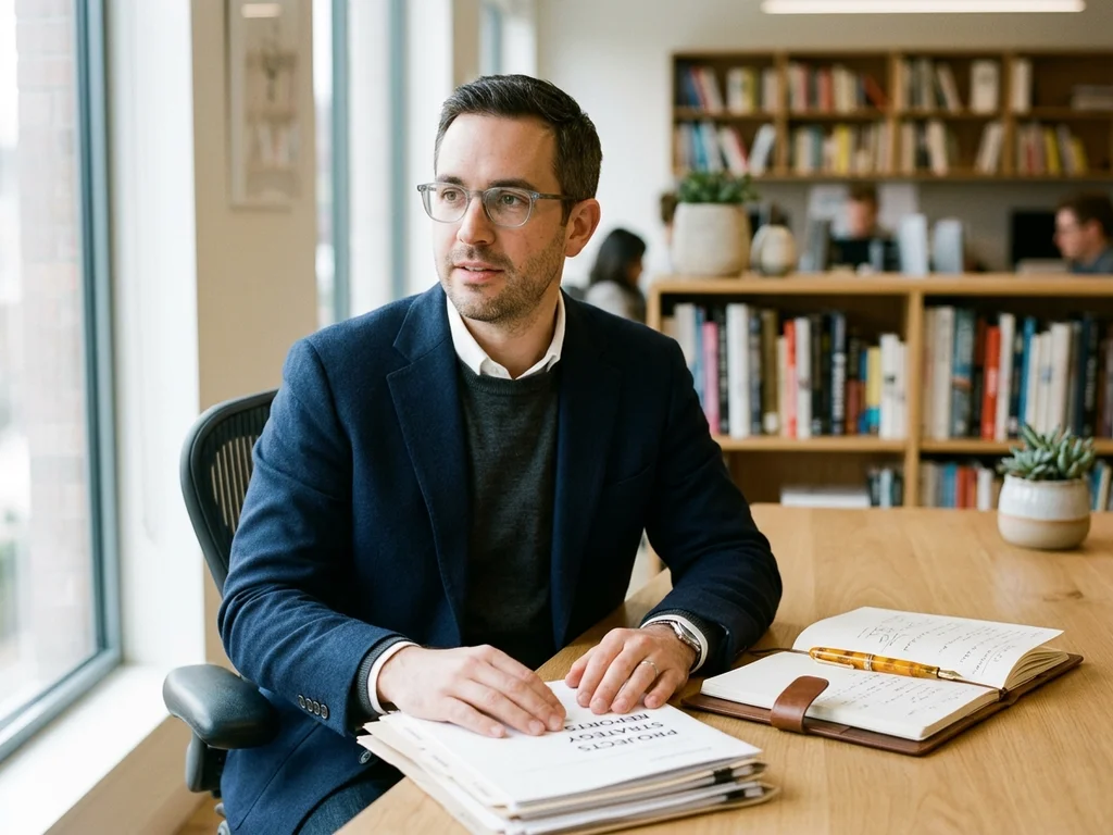 Mehdi Vaillant am Schreibtisch, Redakteur für Datenschutz und Cybersecurity in einer modernen Büroumgebung.