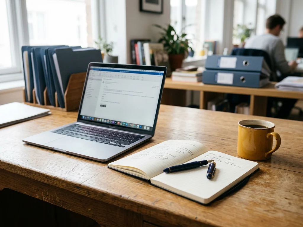 Ein strukturierter Redaktionsschreibtisch mit Notizbuch und Laptop für die professionelle Kontaktaufnahme.