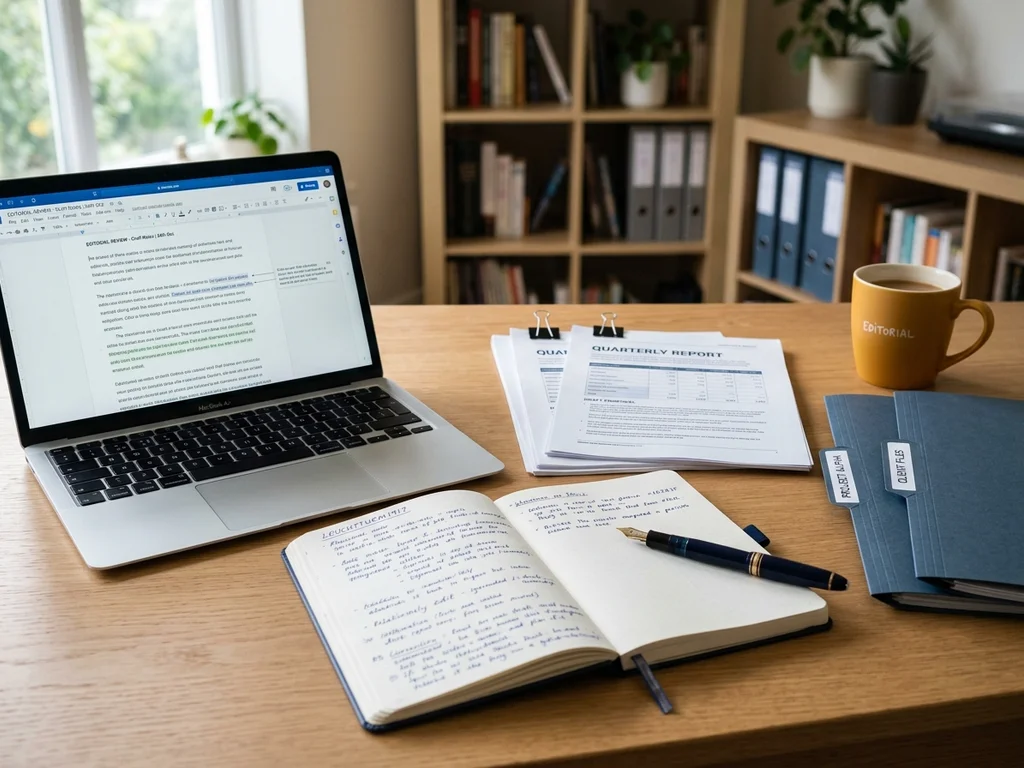 Strukturierter Schreibtisch mit Laptop und Wirtschaftsunterlagen für die redaktionelle Teamarbeit im Büro.